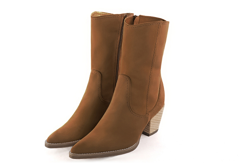 Caramel brown women's booties, with a zip on the inside. Tapered toe. Medium cone heels - Florence KOOIJMAN